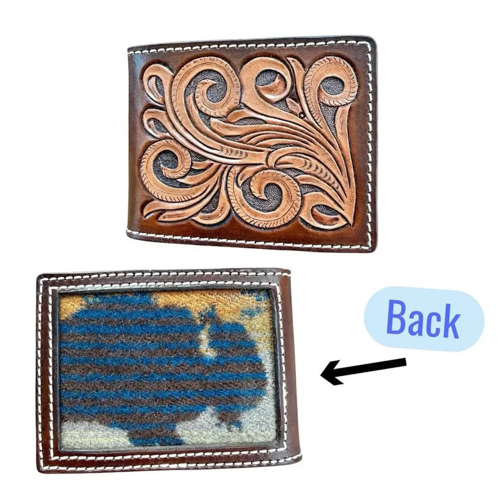 Hand Tooled Leather Money Clip Wallet Buffalo Blanket Inlay Handmade Western